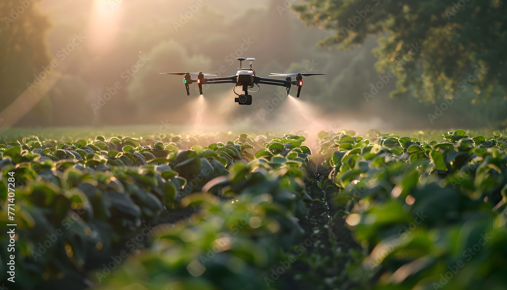 Fototapeta premium Agriculture drone fly to spray fertilizer. Smart farmer use drone for various fields like research analysis, terrain scanning technology, smart technology concept.