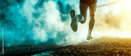 Close up of running sportsman, athlete in motion. Jumping, workout, crossfit. Professional marathon runner on stadium road track. Sport concept. Jogging. Generative ai