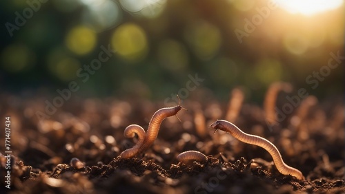 Generative AI. Group of earthworms in the ground and compost, as background. Gardening concept. Vermicomposting. Aeration