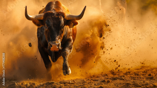 Charging bull in a cloud of dust at sunset - This dynamic image captures the essence of raw power and untamed spirit as a bull charges through the dust