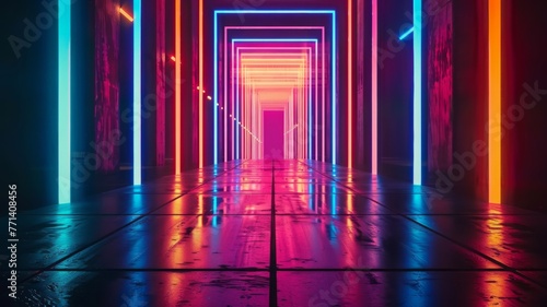 Colorful neon lights in a reflective hallway - A visually striking corridor enhanced with colorful neon lights creating reflections and depth