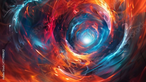 Dynamic abstract light vortex in warm colors - An abstract visual artwork with a dynamic vortex of light in warm colors, suggesting concepts of power and cosmic energy