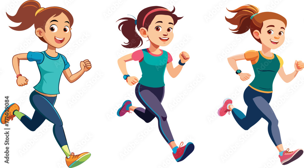 Set of female cartoon characters running