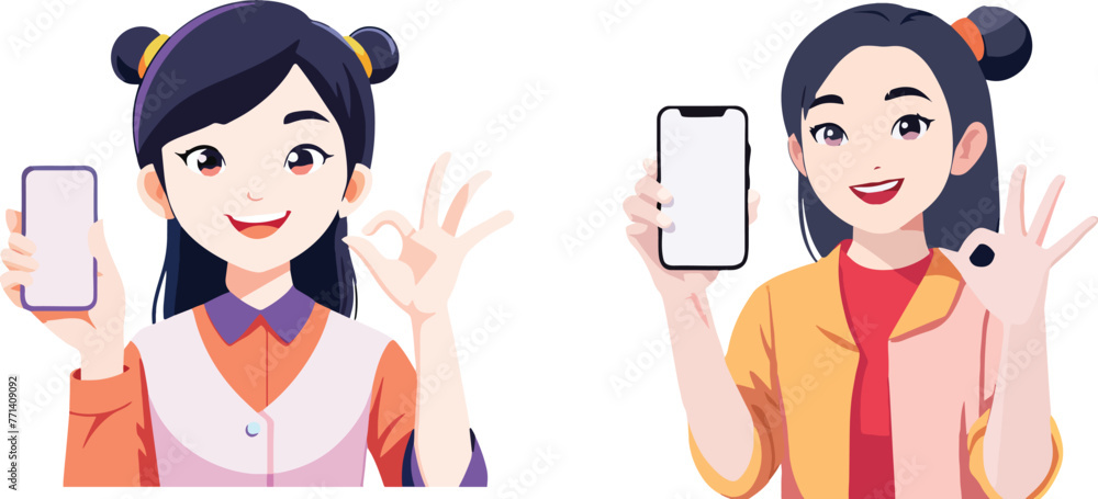 Animated female character showing smartphone with okay gesture Animated female character showing smartphone with okay gesture