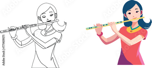 Female flutist illustration in color and line art
