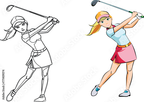 Colorful vector illustration of a female golfer in mid-swing on a white background