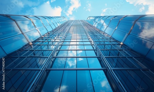 Modern office building with blue sky  and glass facades. Economy  finances  business activity concept  Bottom-up view  blurred image  Generative AI