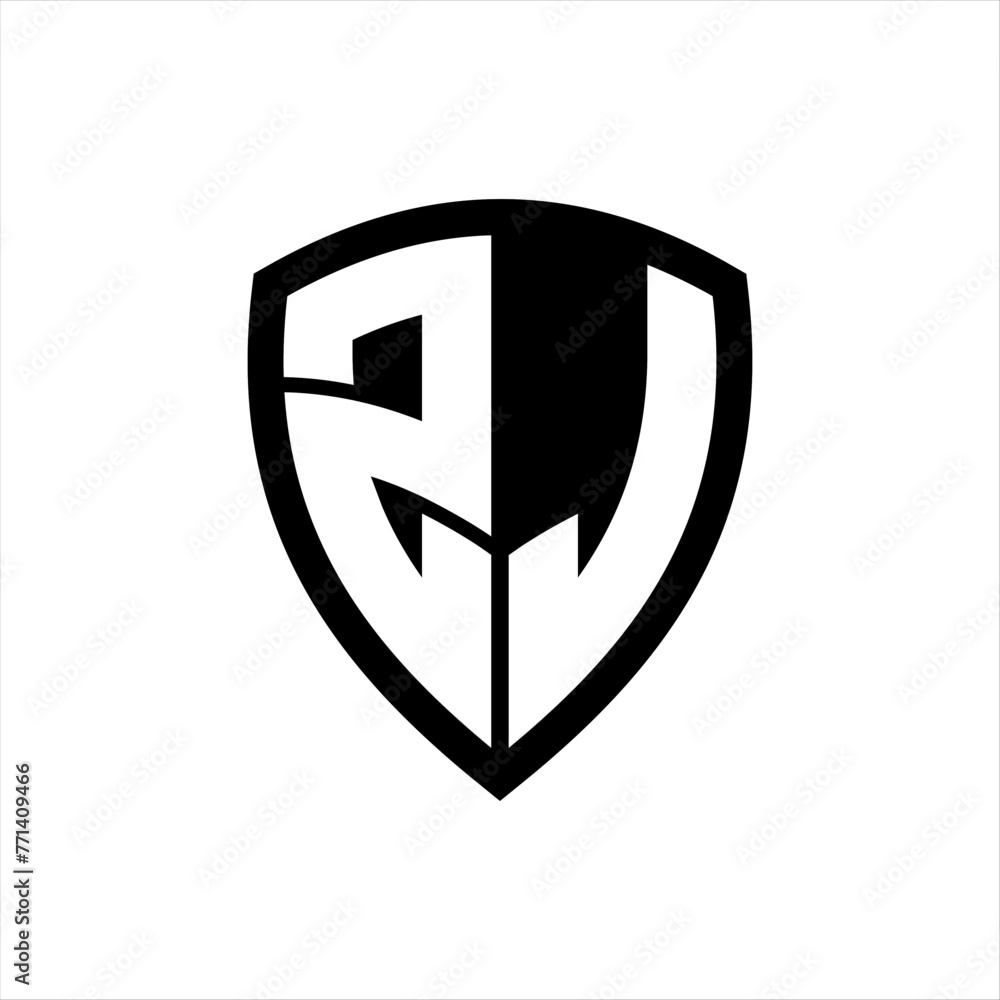 ZJ monogram logo with bold letters shield shape with black and white color design ZJ monogram logo with bold letters shield shape with black and white color design