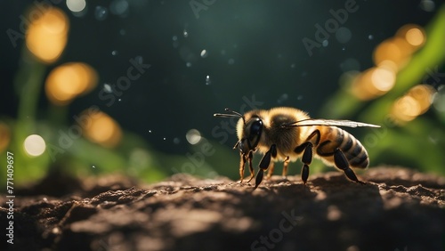 Generative AI. Close up shot of Honey Bee on the flower in a serene environment sucking nector. photo