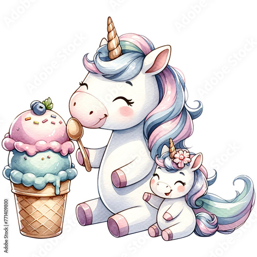 cute watercolor animals eating ice cream, mother and baby eating ice cream together, summer clipart,safari animals, woodland animals photo