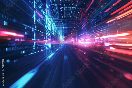 Abstract technology, high-tech background, motion blur, quick motion in the light, dark blue template style, Illustration.