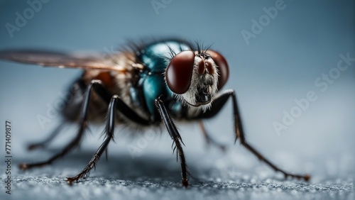 Generative AI. Extreme close-up of a flying house fly stock photo 