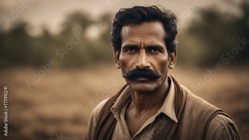 Generative AI. Portrait of an old Indian farmer man. big moustache. 