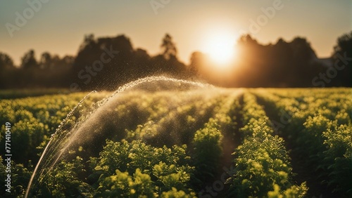 Generative AI. Garden water sprinkler. Automatic sprinkler watering green grass on sunny day in garden. Irrigation system stock photo 