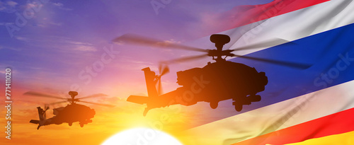 Military helicopter and National flag on sky background. Thailand holiday concept. 3d illustration photo