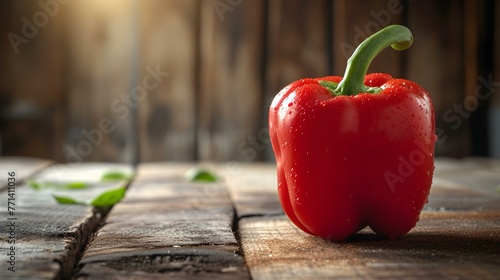 Close up of a fresh Red Sweet Pepper on a rustic wooden Table