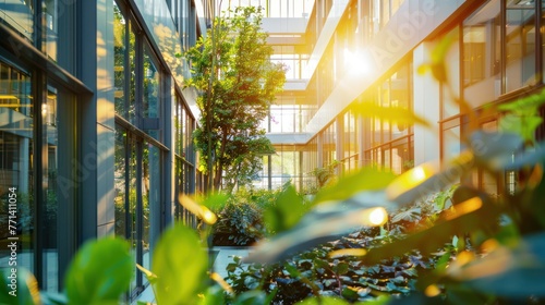 An office building atrium filled with natural light and greenery.  photo