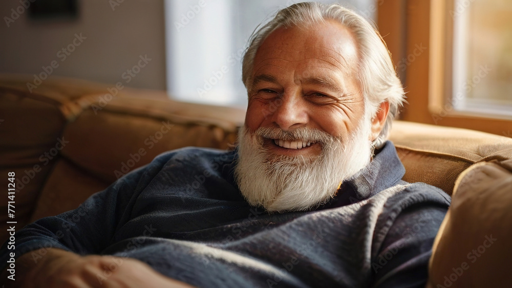 A man with a beard and white hair is smiling and sitting on a couch A man with a beard and white hair is smiling and sitting on a couch