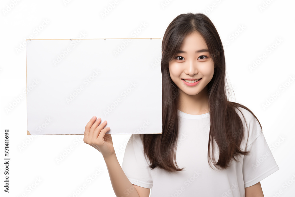 Teen pretty Japanese girl over isolated white background holding an empty placard Teen pretty Japanese girl over isolated white background holding an empty placard