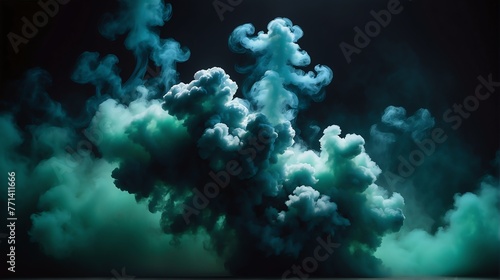 Beautiful midnight blue to forest green color abstract light background with cloudy puffs of smoke with dramatic backlighting backdrop on plain black from Generative AI