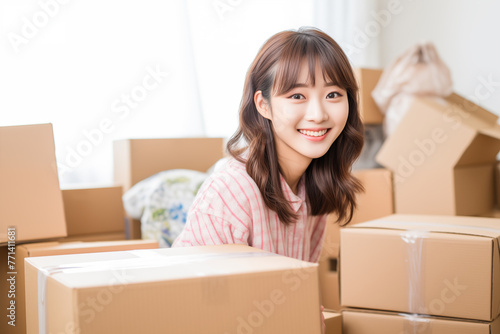 Teen pretty Japanese girl among boxes
