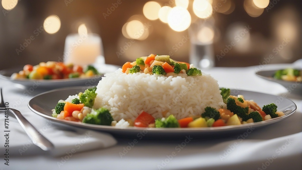 Generative AI. Rice dish, veg pulao, cooked rice with vegetable, mouth ...