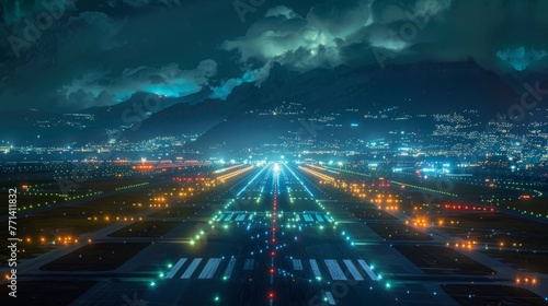 Aerial View of Airport at Night