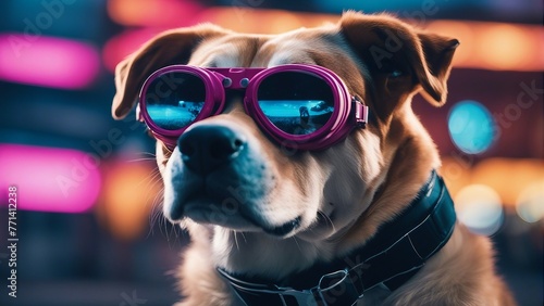 Generative AI. Vaporwave Pitbull dog wearing goggles, shades, in paris. stylish and premium dog. Art for dog lovers.