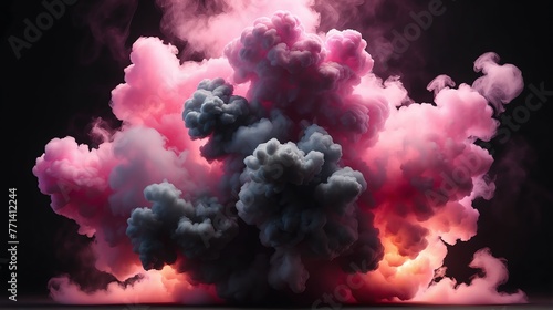 Beautiful pink abstract light background with cloudy puffs of smoke with dramatic backlighting backdrop on plain black from Generative AI