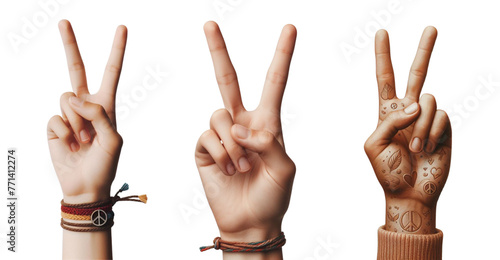 set of hand showing peace sign Isolated on transparent PNG background