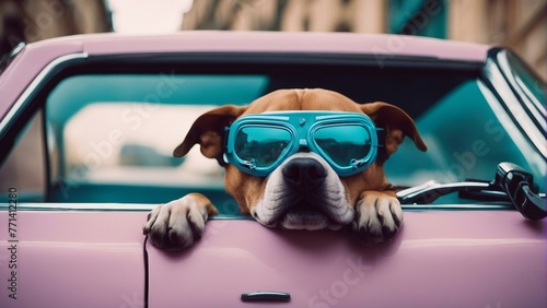 Generative AI. Vaporwave dog in Paris, wearing goggles, Pitbull, peeping out of a pink car, wearing shades. Premium look, dog lovers. © Maahir