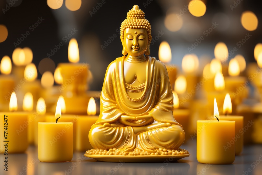 Fototapeta premium a visual depiction of a peaceful buddha statue in deep meditation, surrounded by soft candlelight and serene ambiance