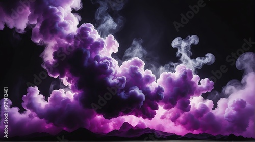 Beautiful purple abstract light background with cloudy puffs of smoke with dramatic backlighting backdrop on plain black from Generative AI
