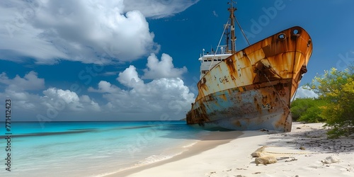 Freighter ship grounded on Klein Curacao Netherlands Antilles. Concept Shipwreck, Tropical Island, Maritime Accident, Klein Curacao, Netherlands Antilles