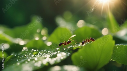 AI-Generated Close-Up Macro Shot of Ants on Leaves, Surrounded by Delicate Dew Drops. Nature's Tiny Workers, Creating Stunning Visual Composition, World of Ants and Serene Beauty of Dew-Covered leaves © Maahir