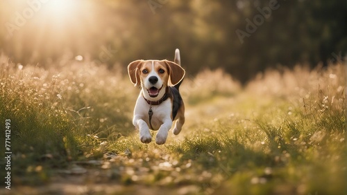 Generative AI. Beautiful shot of adorable beagle dog running on a path freely. Domestic dog, wildlife, nature, design, Pillow cover, painting, photo frame. photo