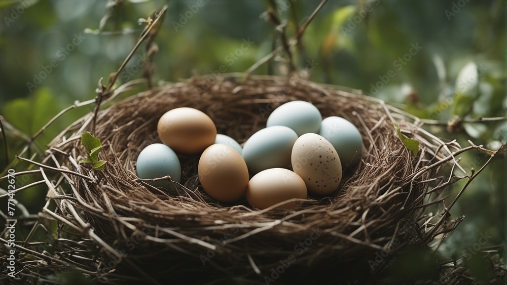 Brown and white eggs in close-up in the Bird's nest in densely ...