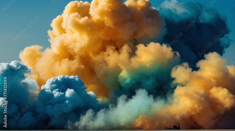 Closeup golden yellow to aquamarine blue color gradient texture surface of cloudy puffs of smoke backdrop background dramatic lighting from Generative AI Closeup golden yellow to aquamarine blue color gradient texture surface of cloudy puffs of smoke backdrop background dramatic lighting from Generative AI