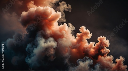 Closeup dark coral to burnt umber color gradient texture surface of cloudy puffs of smoke backdrop background dramatic lighting from Generative AI