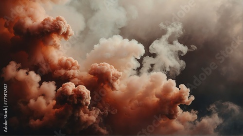 Closeup dark coral to burnt umber color gradient texture surface of cloudy puffs of smoke backdrop background dramatic lighting from Generative AI