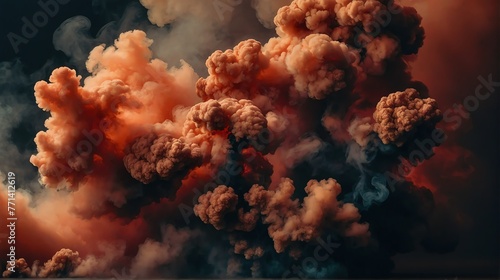 Closeup dark coral to burnt umber color gradient texture surface of cloudy puffs of smoke backdrop background dramatic lighting from Generative AI photo