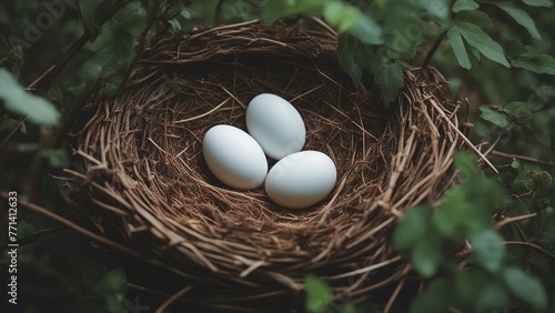 White eggs in close-up in the Bird's nest in densely populated forest with trees. Set yourself apart. Be different. Become premium. Premium niche. Unique selling proposition. Generative AI. 