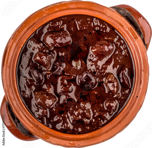 Feijoada in rustic pot cut out on transparent background