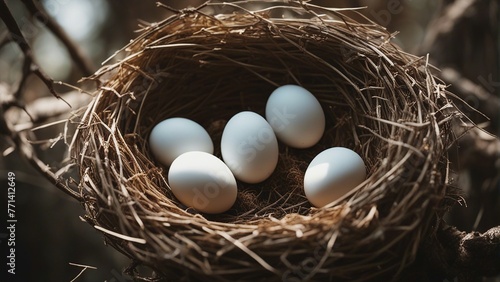 White eggs in close-up in the Bird's nest in densely populated forest with trees. Set yourself apart. Be different. Become premium. Premium niche. Unique selling proposition. Generative AI. 