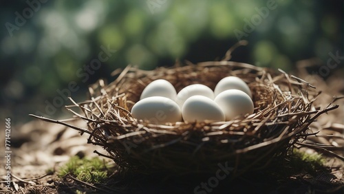 White eggs in close-up in the Bird's nest in densely populated forest with trees. Set yourself apart. Be different. Become premium. Premium niche. Unique selling proposition. Generative AI. design.