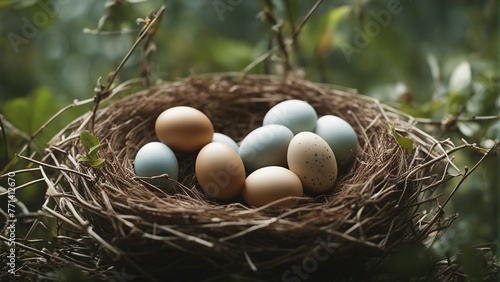 Brown and white eggs in close-up in the Bird's nest in densely populated forest with trees. Set yourself apart. Be different. Become premium. Premium niche. Unique selling proposition. Generative AI. 