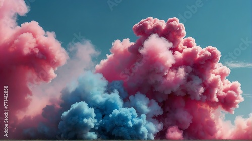 Closeup magenta pink to cornflower blue color gradient texture surface of cloudy puffs of smoke backdrop background dramatic lighting from Generative AI