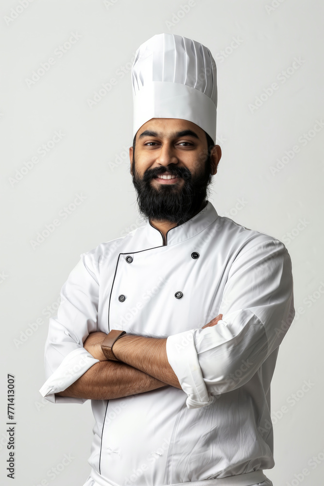 A happy Indian chef wearing a chefs outfit standing with his arms crossed