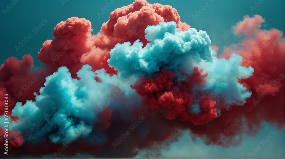 Closeup scarlet red to aqua blue color gradient texture surface of cloudy puffs of smoke backdrop background dramatic lighting from Generative AI