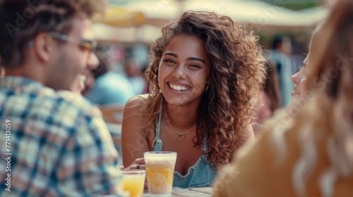 Friends Enjoying a Sunny Summer Day Happy and Smiling in an Outdoor City Bar or Cafe. They Share Joyful Moments While Enjoying the Summer Vacation. Generative AI